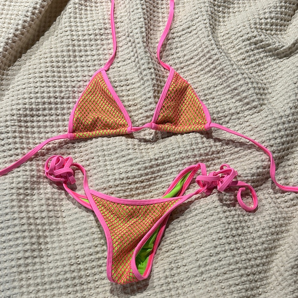 Neon Pink Trim Two-Piece Bikini Set - Yellow Mesh Swimwear